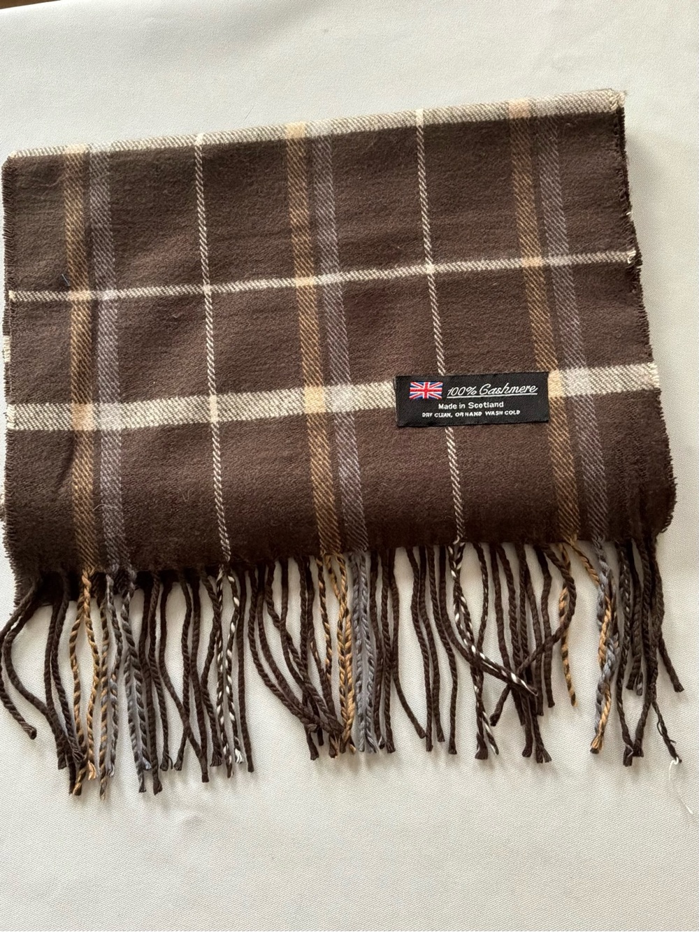 100% Cashmere Brown Plaid Scarf - Made in Scotland